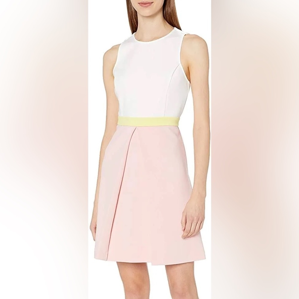 ERIN by Erin Fetherston Pink and Yellow Colorblock Callie Scuba Flare Dress‎